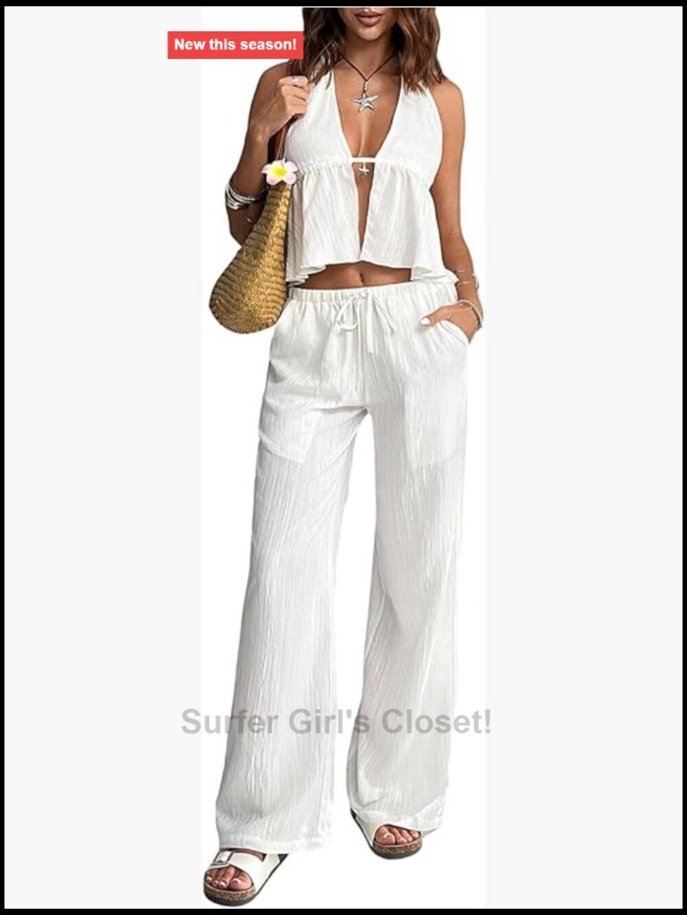 2 Piece Outfits Soft Sleeveless Halter Top & Wide Leg Pants Set